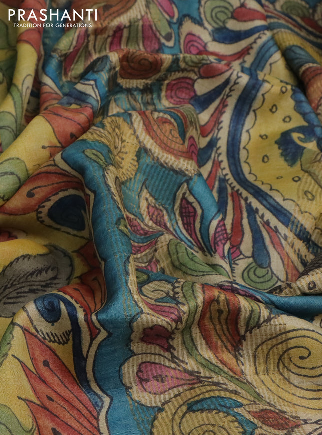 Pure tussar silk saree yellow shade and peacock blue with allover pen kalamkari prints and zari woven border