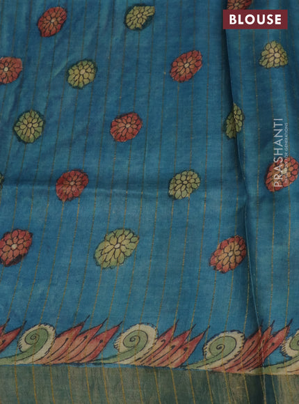 Pure tussar silk saree yellow shade and peacock blue with allover pen kalamkari prints and zari woven border
