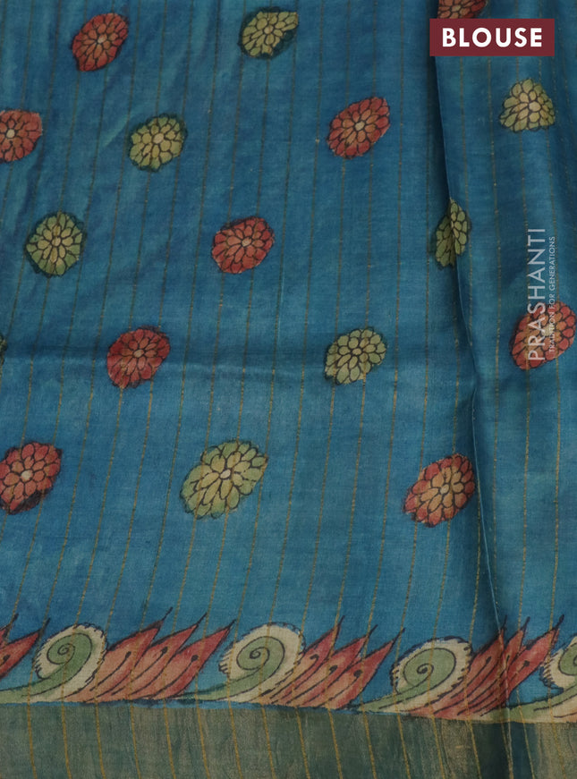 Pure tussar silk saree yellow shade and peacock blue with allover pen kalamkari prints and zari woven border