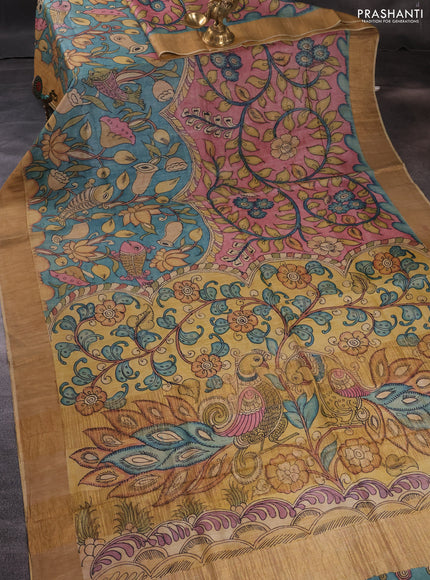 Pure tussar silk saree peach pink and mustard shade with allover pen kalamkari prints and zari woven border