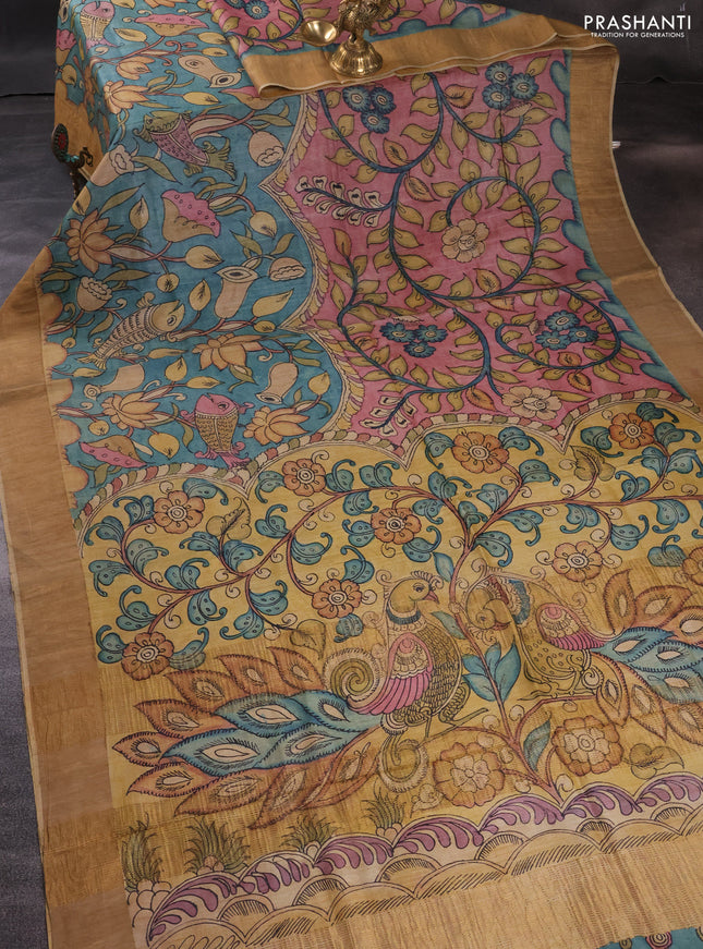 Pure tussar silk saree peach pink and mustard shade with allover pen kalamkari prints and zari woven border