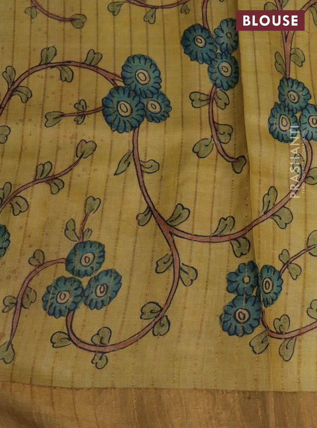 Pure tussar silk saree peach pink and mustard shade with allover pen kalamkari prints and zari woven border