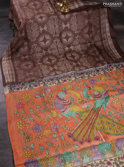 Pure tussar silk saree peach orange and brown with allover pen kalamkari prints in borderless style