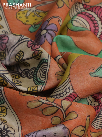 Pure tussar silk saree peach orange and brown with allover pen kalamkari prints in borderless style