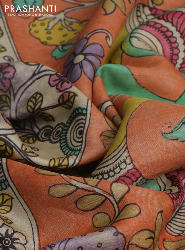 Pure tussar silk saree peach orange and brown with allover pen kalamkari prints in borderless style
