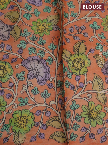 Pure tussar silk saree peach orange and brown with allover pen kalamkari prints in borderless style