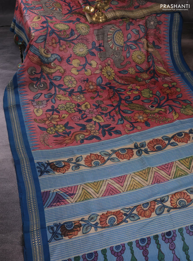 Pure tussar silk saree peach shade and cs blue with allover pen kalamkari prints and temple woven border