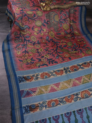 Pure tussar silk saree peach shade and cs blue with allover pen kalamkari prints and temple woven border