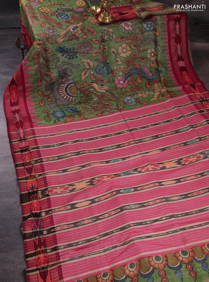Pure tussar silk saree green and dark pink with allover pen kalamkari prints and temple woven border
