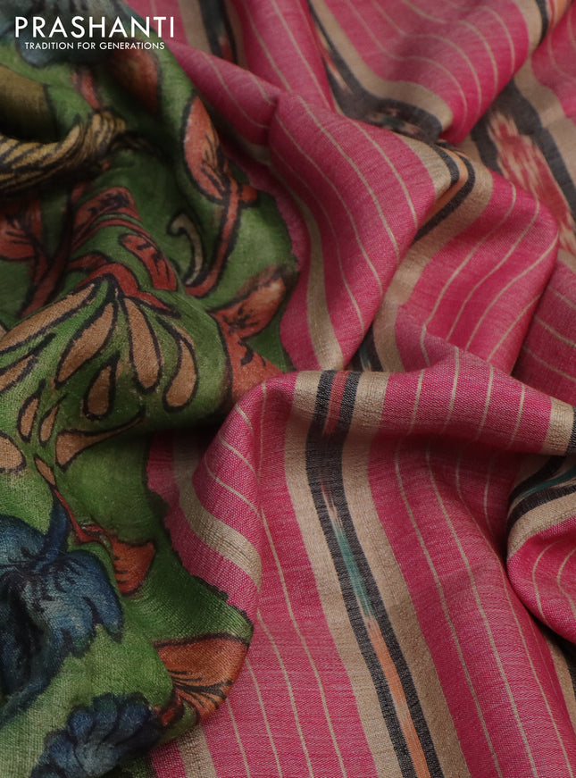 Pure tussar silk saree green and dark pink with allover pen kalamkari prints and temple woven border
