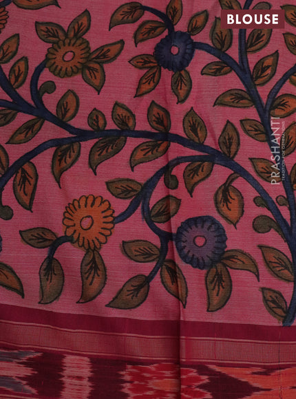 Pure tussar silk saree green and dark pink with allover pen kalamkari prints and temple woven border