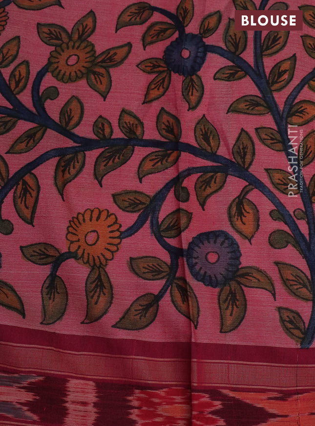 Pure tussar silk saree green and dark pink with allover pen kalamkari prints and temple woven border