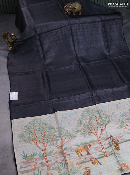 Pure tussar silk saree black and cream with plain body and embroidery work pallu