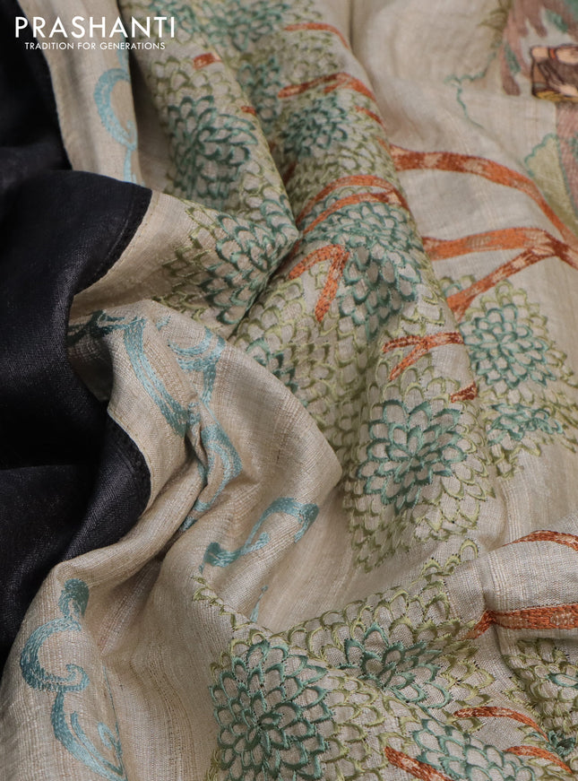 Pure tussar silk saree black and cream with plain body and embroidery work pallu