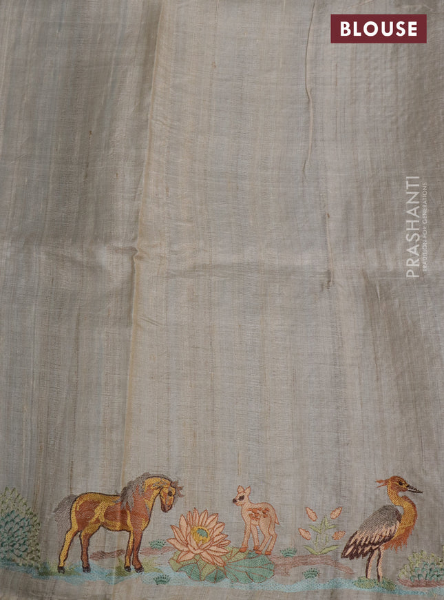 Pure tussar silk saree black and cream with plain body and embroidery work pallu