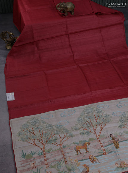 Pure tussar silk saree maroon and cream with plain body and embroidery work pallu