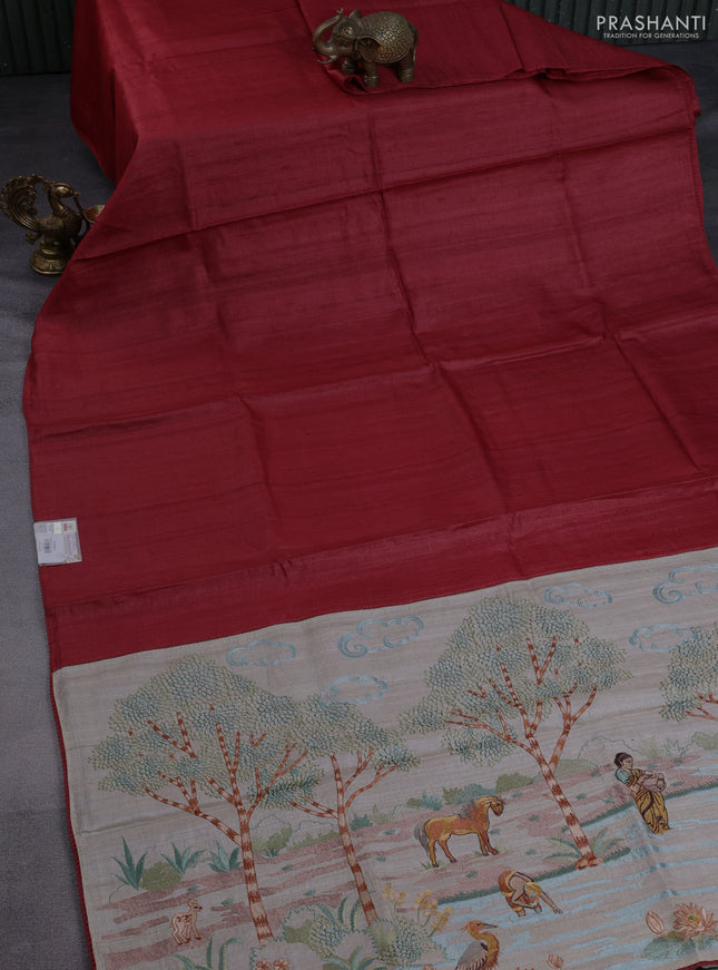 Pure tussar silk saree maroon and cream with plain body and embroidery work pallu