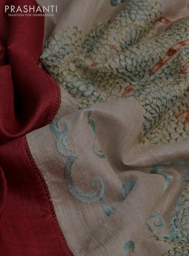 Pure tussar silk saree maroon and cream with plain body and embroidery work pallu
