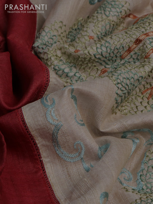 Pure tussar silk saree maroon and cream with plain body and embroidery work pallu