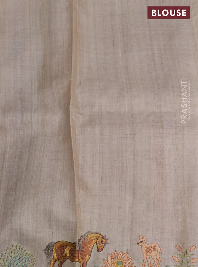 Pure tussar silk saree maroon and cream with plain body and embroidery work pallu