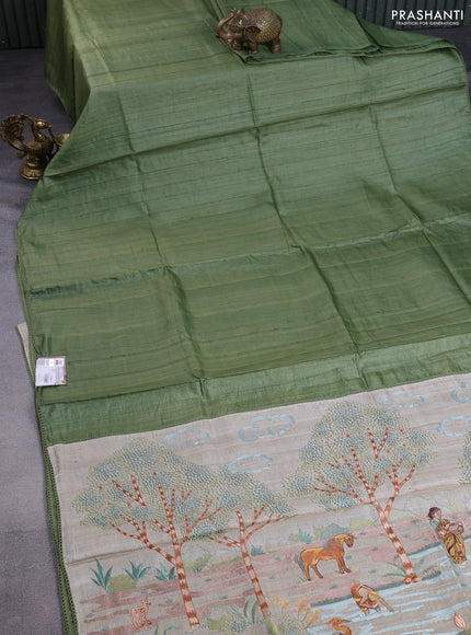 Pure tussar silk saree green and cream with plain body and embroidery work pallu