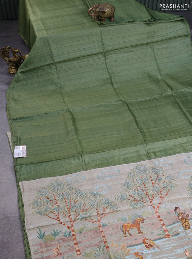 Pure tussar silk saree green and cream with plain body and embroidery work pallu