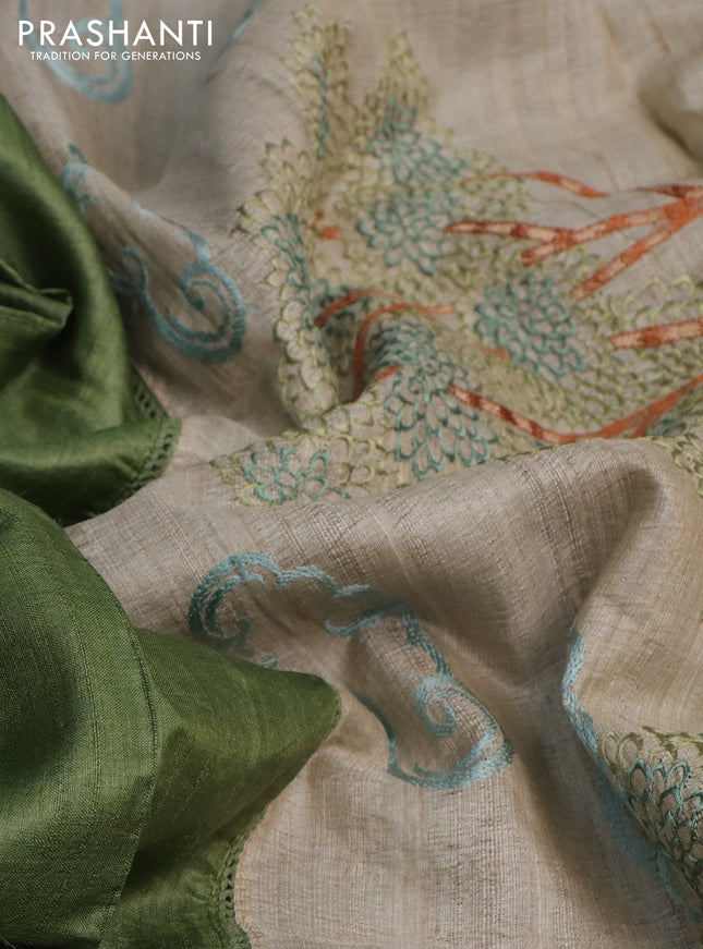 Pure tussar silk saree green and cream with plain body and embroidery work pallu