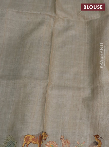 Pure tussar silk saree green and cream with plain body and embroidery work pallu