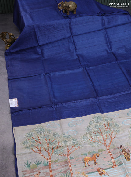 Pure tussar silk saree blue and cream with plain body and embroidery work pallu