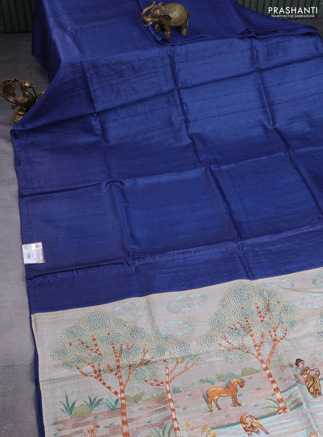Pure tussar silk saree blue and cream with plain body and embroidery work pallu