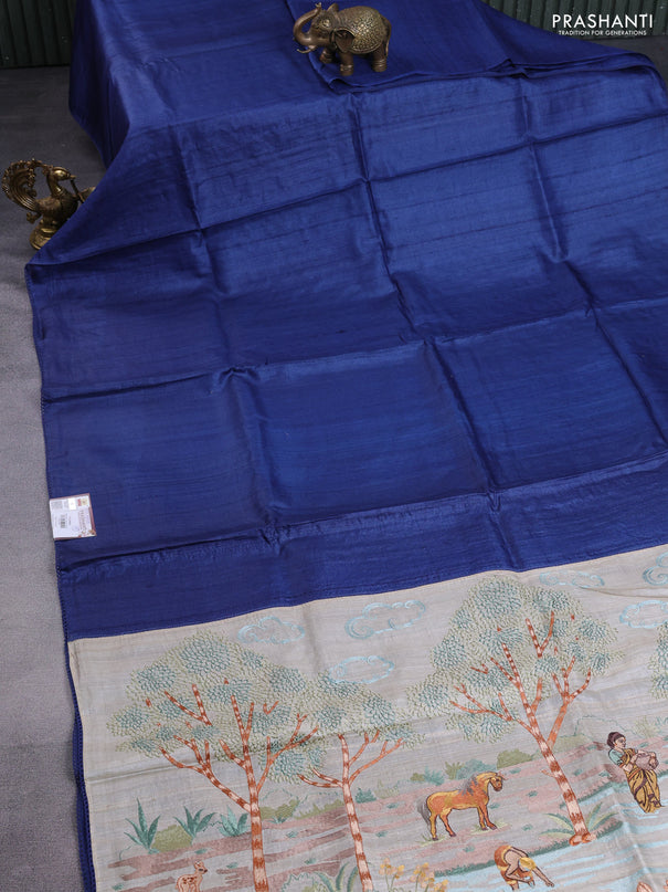 Pure tussar silk saree blue and cream with plain body and embroidery work pallu