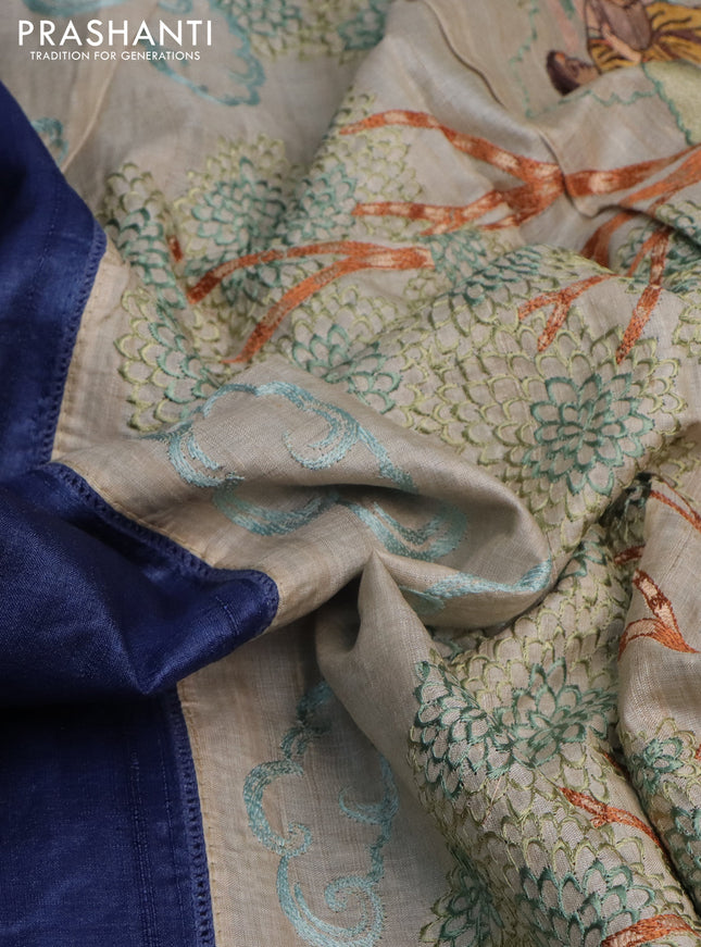 Pure tussar silk saree blue and cream with plain body and embroidery work pallu