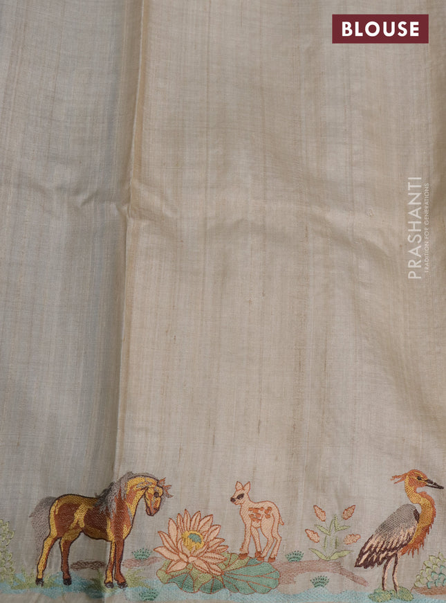 Pure tussar silk saree blue and cream with plain body and embroidery work pallu
