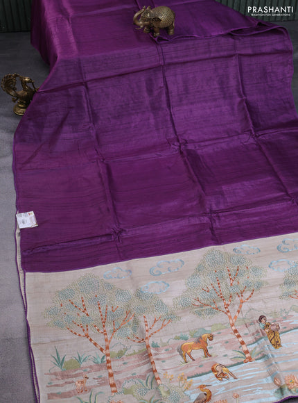 Pure tussar silk saree purple and cream with plain body and embroidery work pallu
