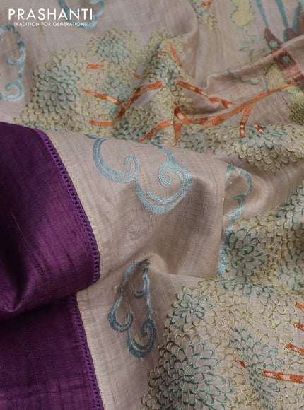 Pure tussar silk saree purple and cream with plain body and embroidery work pallu