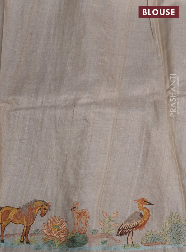 Pure tussar silk saree purple and cream with plain body and embroidery work pallu