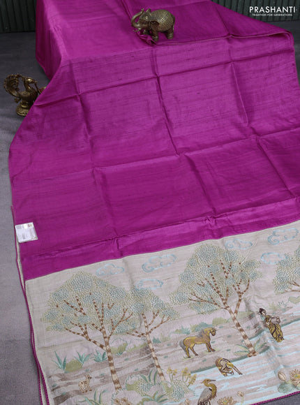 Pure tussar silk saree magenta pink and cream with plain body and embroidery work pallu