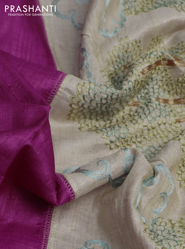 Pure tussar silk saree magenta pink and cream with plain body and embroidery work pallu