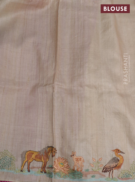 Pure tussar silk saree magenta pink and cream with plain body and embroidery work pallu