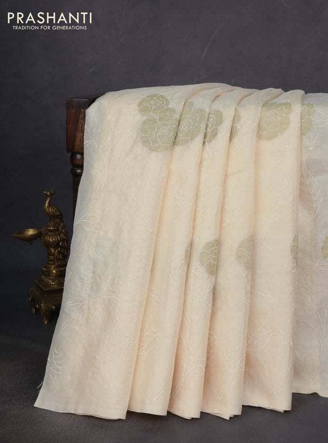 Pure tussar silk saree cream with allover applique work in borderless style