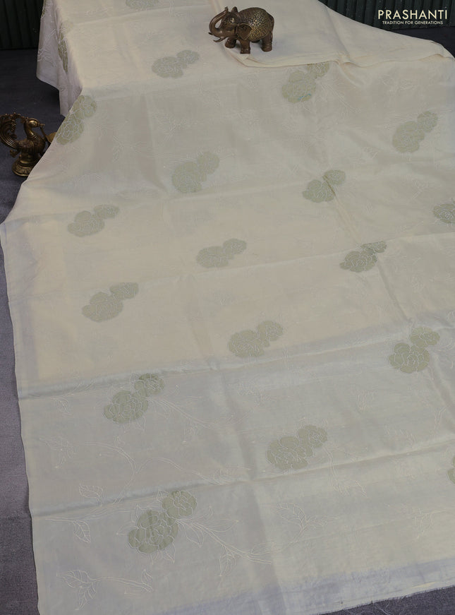 Pure tussar silk saree cream with allover applique work in borderless style