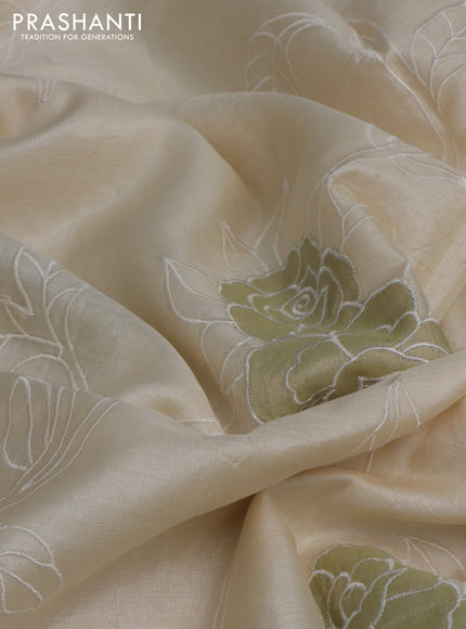 Pure tussar silk saree cream with allover applique work in borderless style