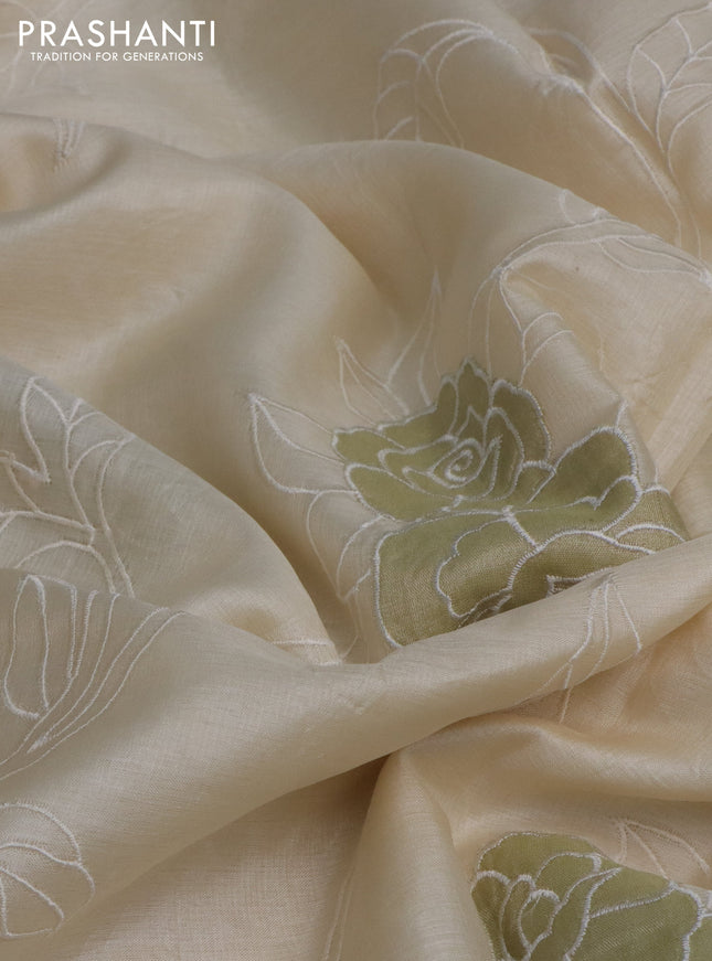 Pure tussar silk saree cream with allover applique work in borderless style