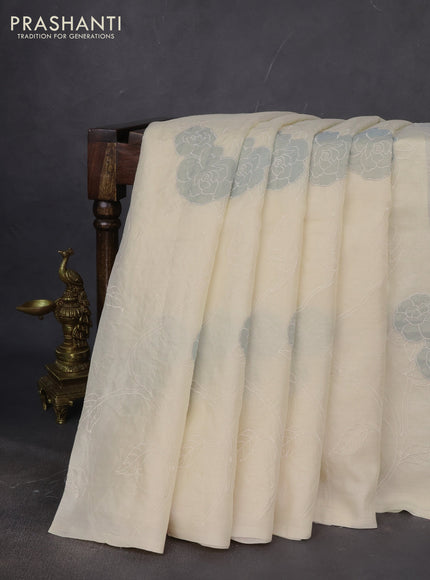 Pure tussar silk saree cream with allover applique work in borderless style