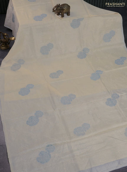 Pure tussar silk saree cream with allover applique work in borderless style