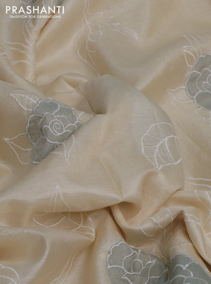 Pure tussar silk saree cream with allover applique work in borderless style