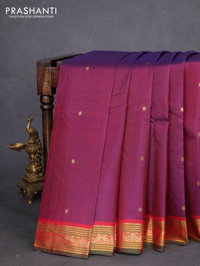 Pure kanchipuram silk saree dual shade of maroon and maroon green with zari woven buttas and zari woven border