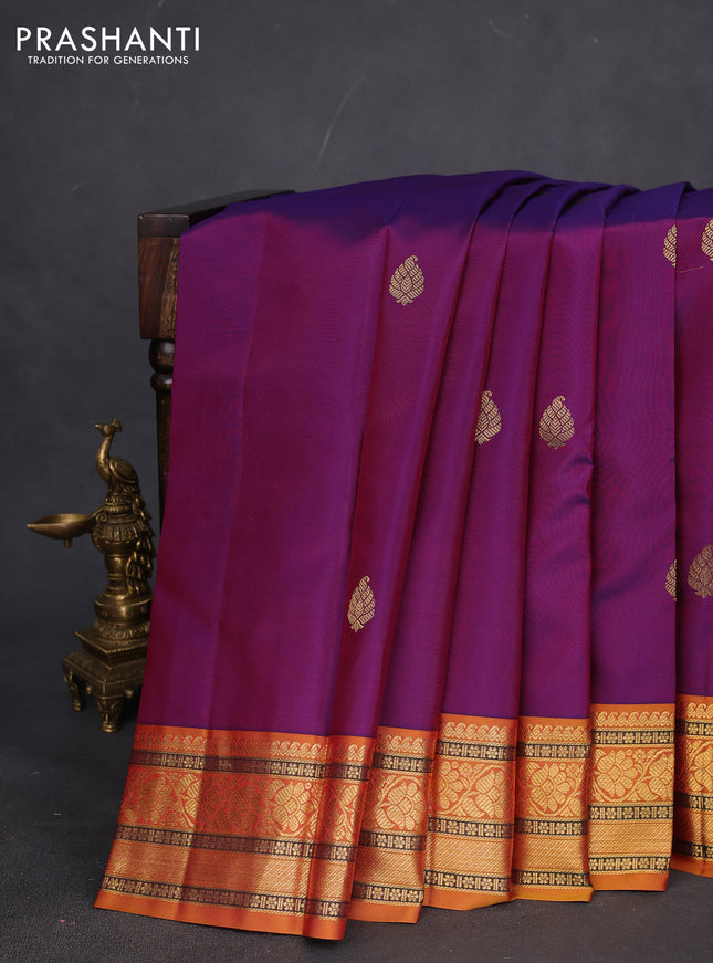 Pure kanchipuram silk saree purple shade and dark mustard with zari woven buttas and zari woven korvai border