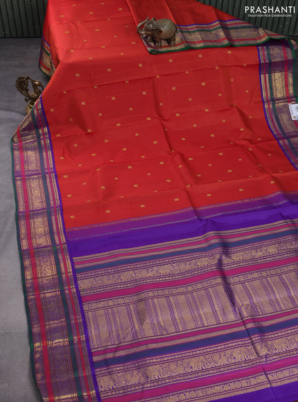 Pure kanchipuram silk saree rust shade and violet with zari woven buttas and rich zari woven korvai border