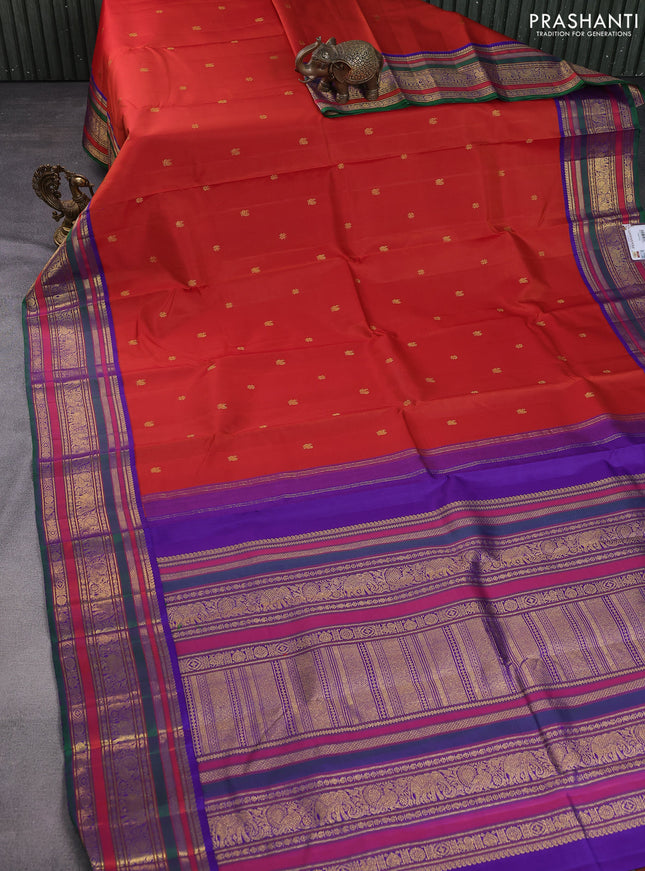 Pure kanchipuram silk saree rust shade and violet with zari woven buttas and rich zari woven korvai border
